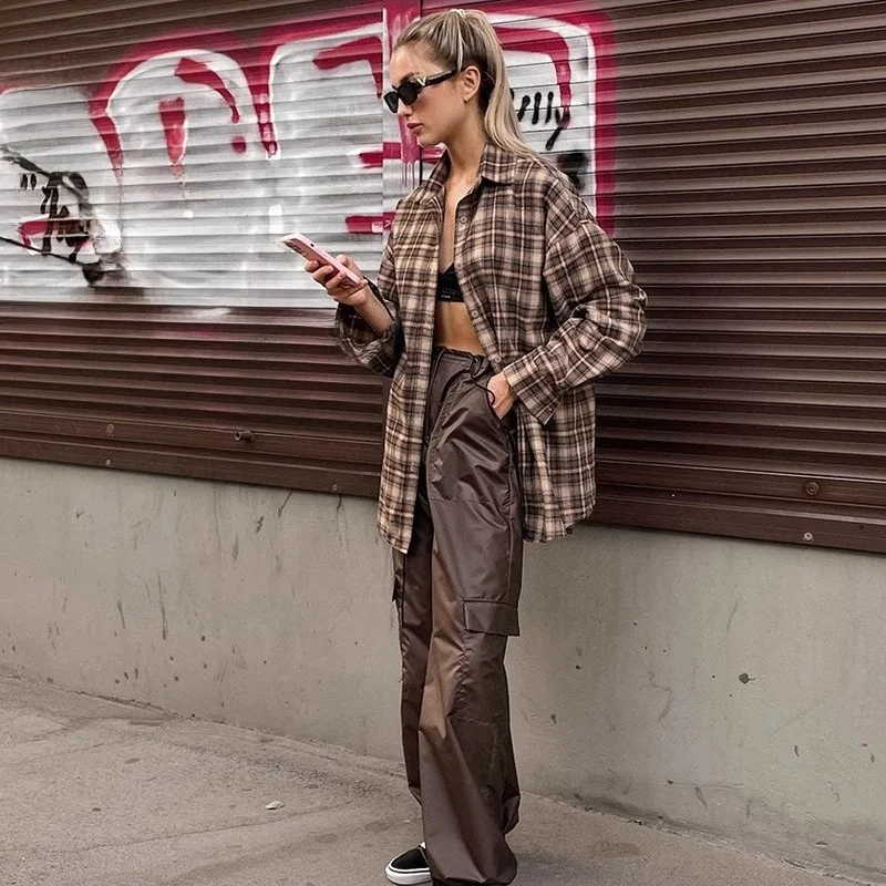 

Women's Loose Fit Cheered irt Long Vintage Plaid irt Comfortable Draped Sle Fem Autumn Faion Casual Busin