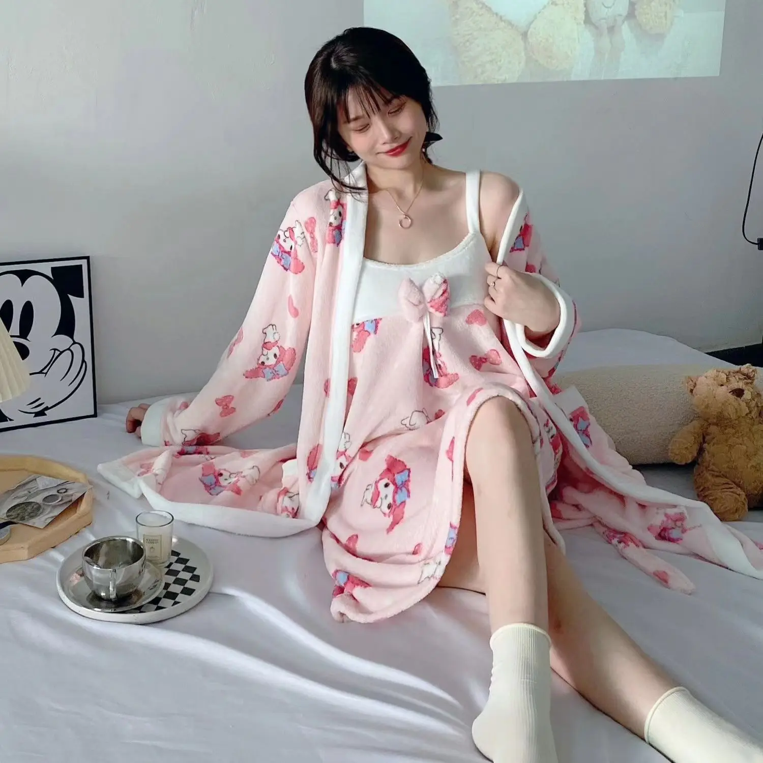 Cinnamoroll Nightgown Sanrio Anime Sexy Thick Warm Flannel Print Nightgowns Robes Set For Women Sleepwear Bathrobe Night Dress