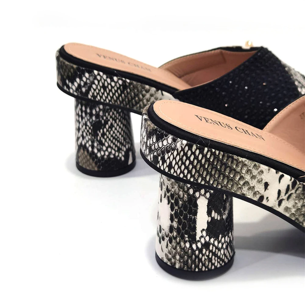 2024 New Black Style Rhinestone Square Buckle Wrapped Sandals Square Back Hollow Shallow High Heel Single Party Shoe