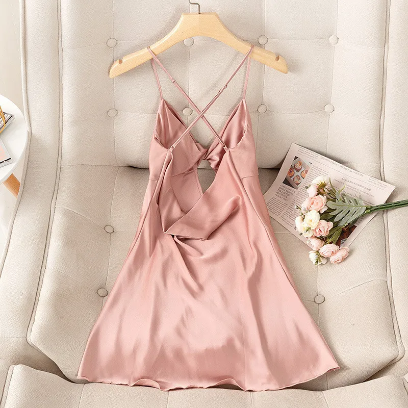 Ice Silk Nightgown For Women Summer Sexy With Chest Pad Backless Nightdress