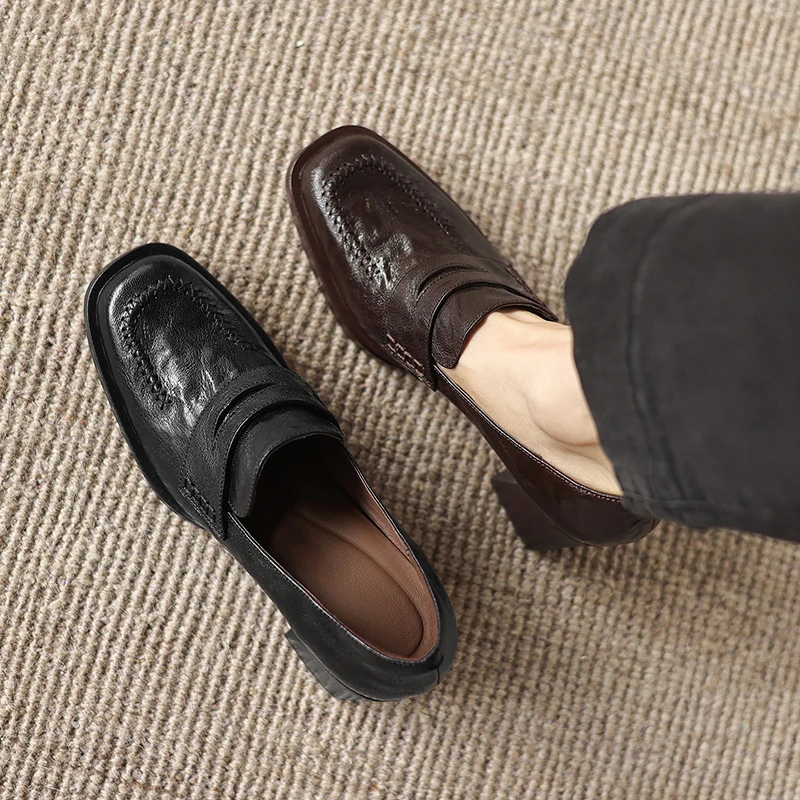 2026 new spring summer women pumps natural leather 22-25cm cowhide+sheepskin square toe thick high heel loafers women shoes