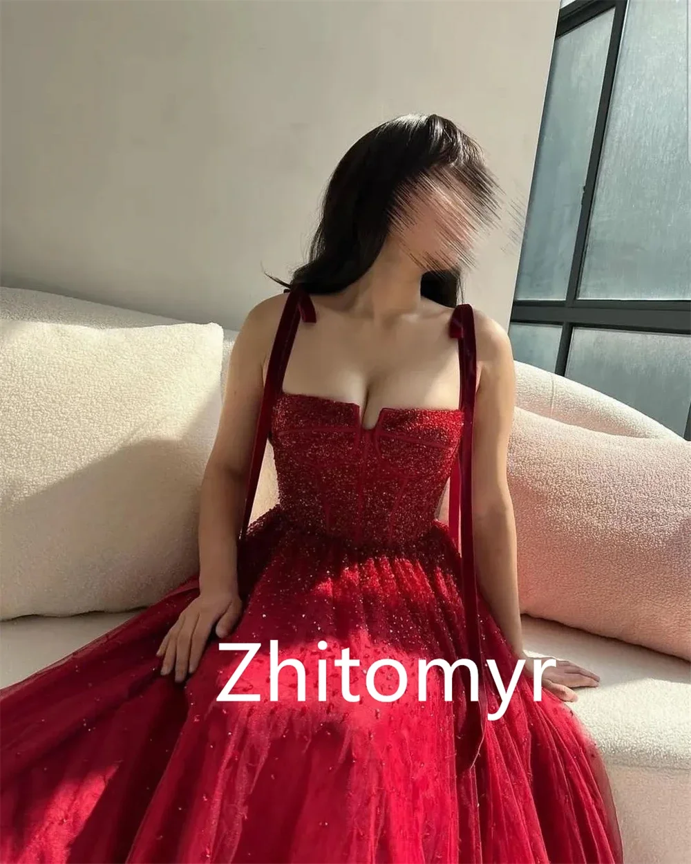 Customized Exquisite Intricate Spaghetti strap A-line Party Dresses Beading Floor length Tassel Organza Evening  formal dress