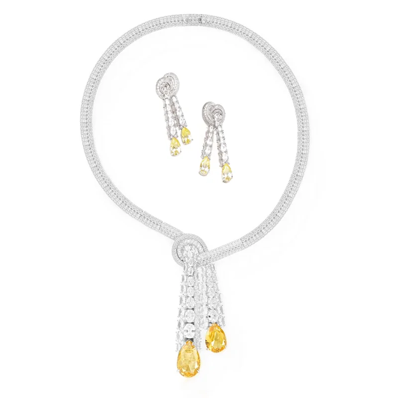 

Luxury Style Jewelry Set Yellow Pink Pear Cut Cubic Zirconia Tassel Necklace Earrings for Women Bridal Wedding Party Jewelry