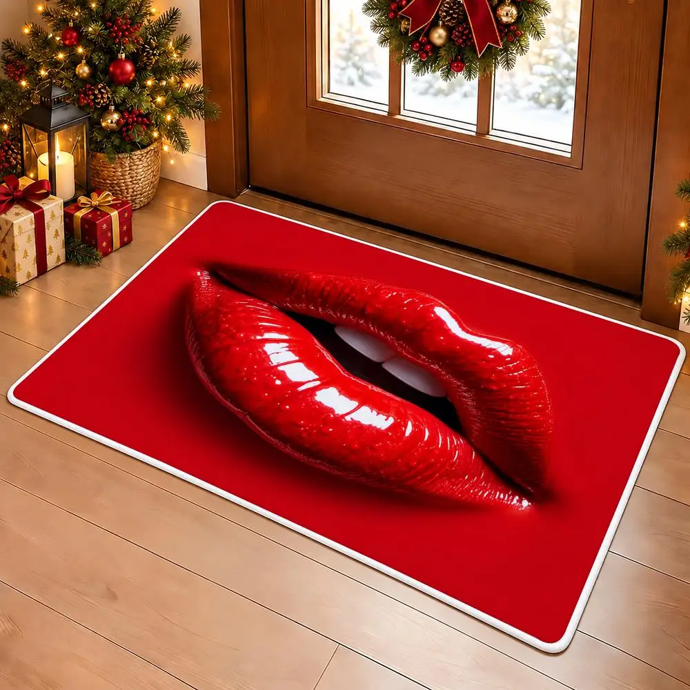 Glossy Red Lips Floor Mat Premium Flannel Bath Mat Anti-slip Cloud Feel Rug Durable Machine Washable Floor Carpet