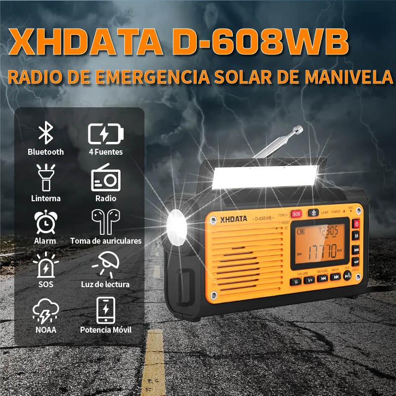 Radio Meteorológica Emergencias Manivela XHDATA D-608WB Alertas NOAA FM AM Onda Corta Bluetooth 50h Radio Carga Móvil Solar Pilas Exterior Camping Supervivencia