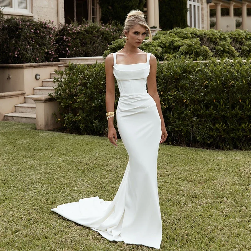 Simple Mermaid Wedding Dress Sleeveless Sexy High Slit Spaghetti Straps Pleat Square Collar Bridal Growns Sweep Train Customized