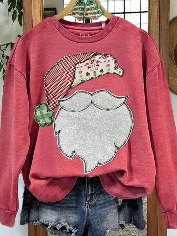 Drauuing Christmas Print Women Round Neck Top Santa Claus Patchwork Long Sleeve Hoodies Autumn Winter Female Party Pullovers New