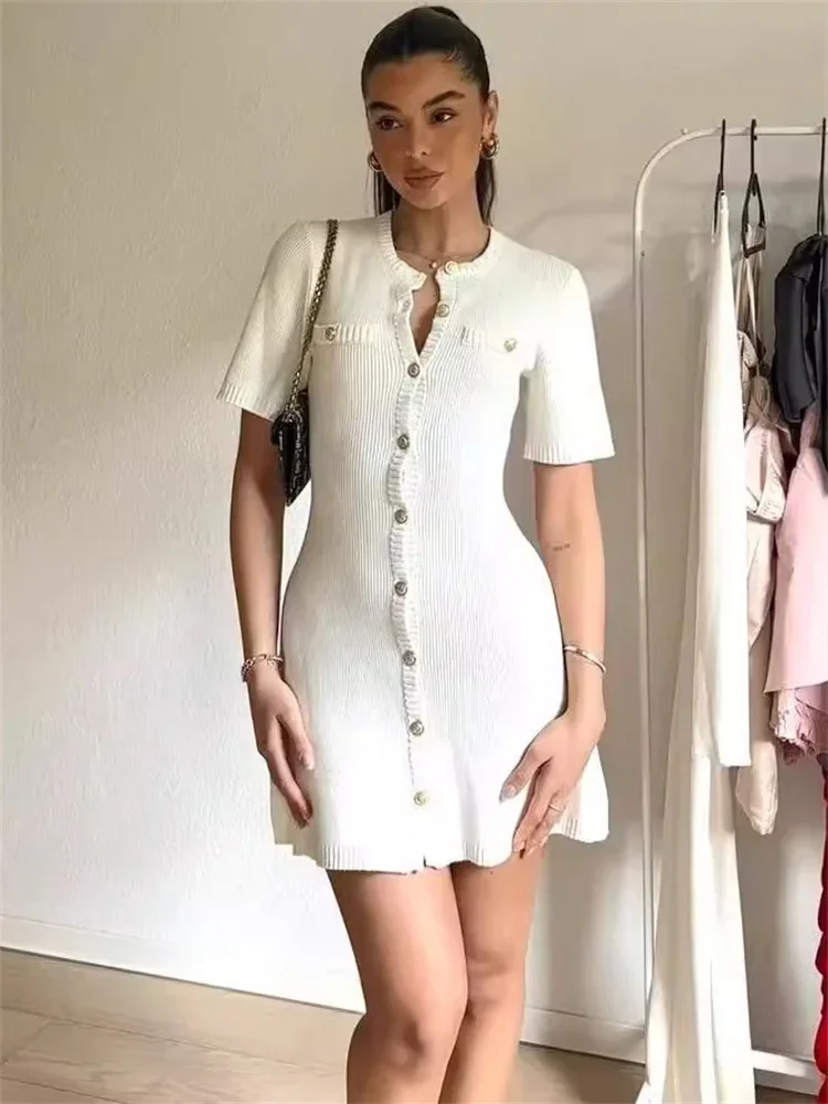 Tossy White Knit Mini Dress For Women Fashion Short Sleeve Patchwork Pocket Loose Elegant Dress Women\'s Knitwear Mini Dress 2024