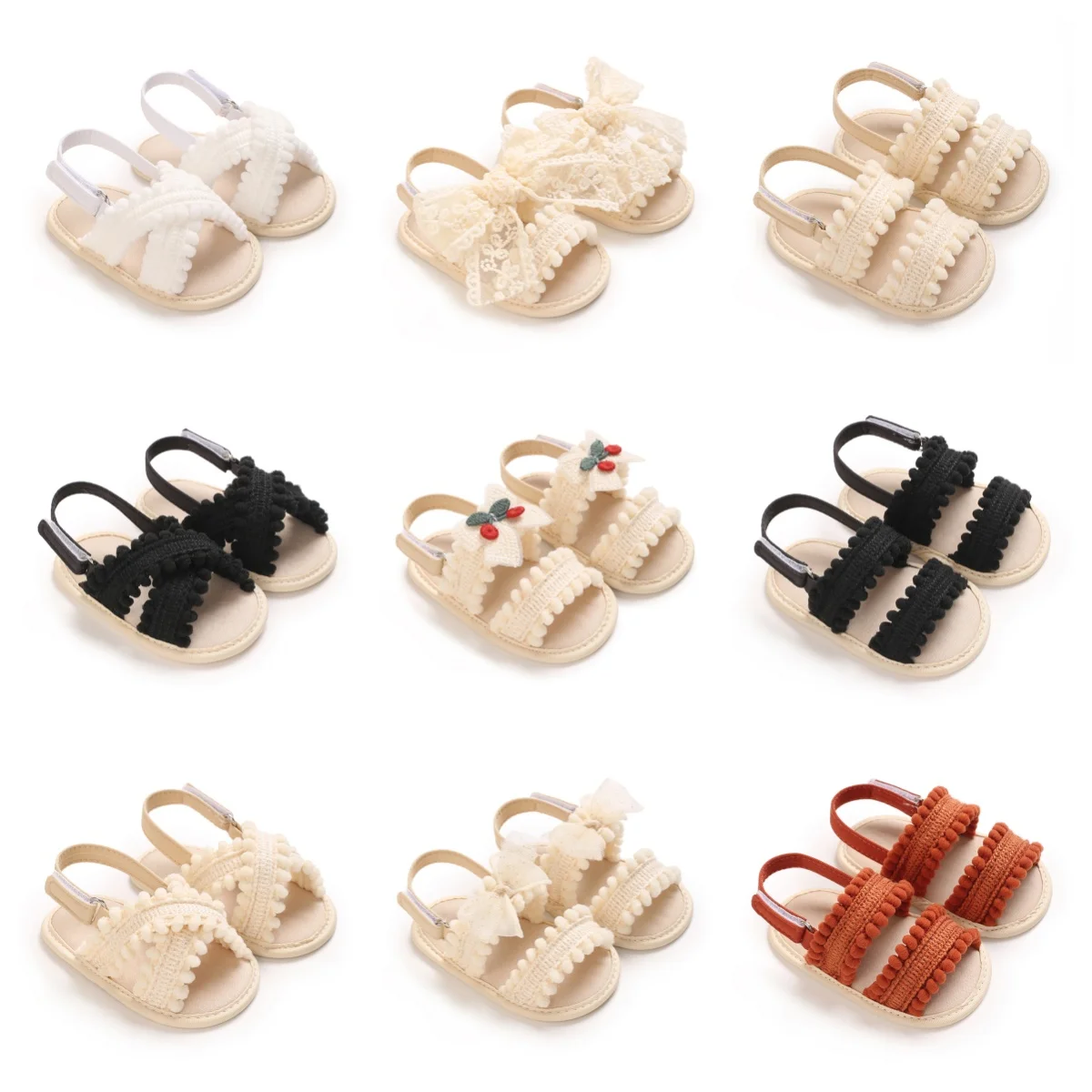 

0-18M Infant Baby Girl Sandals Cute Bow/Cherry/Felt Balls Decor Soft Sole Non-Slip Breathable First Walking Shoes