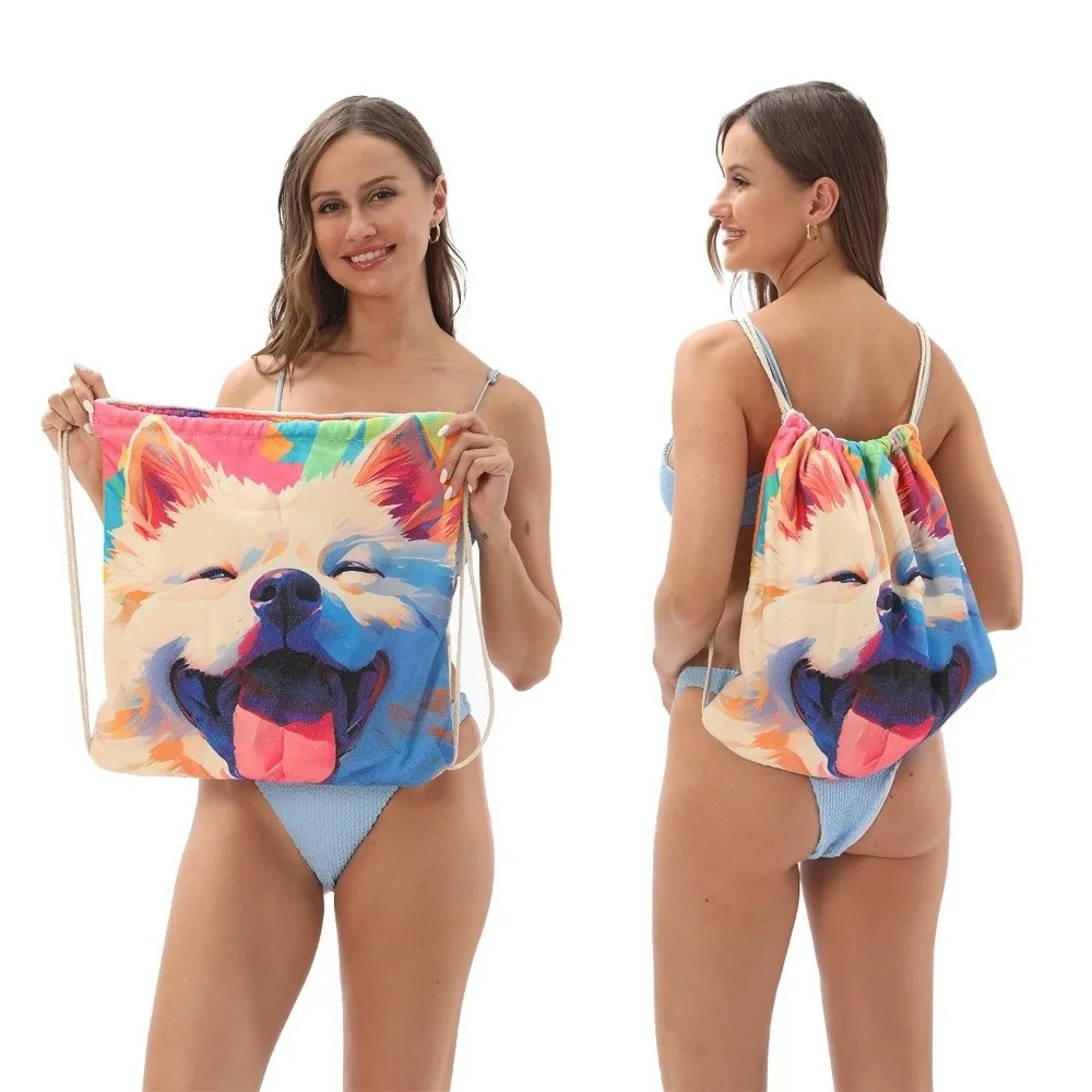 New 2-in-1 Beach Towel for Summer Foldable Microfiber Printed Bath Towel Cartoon Storage Bag