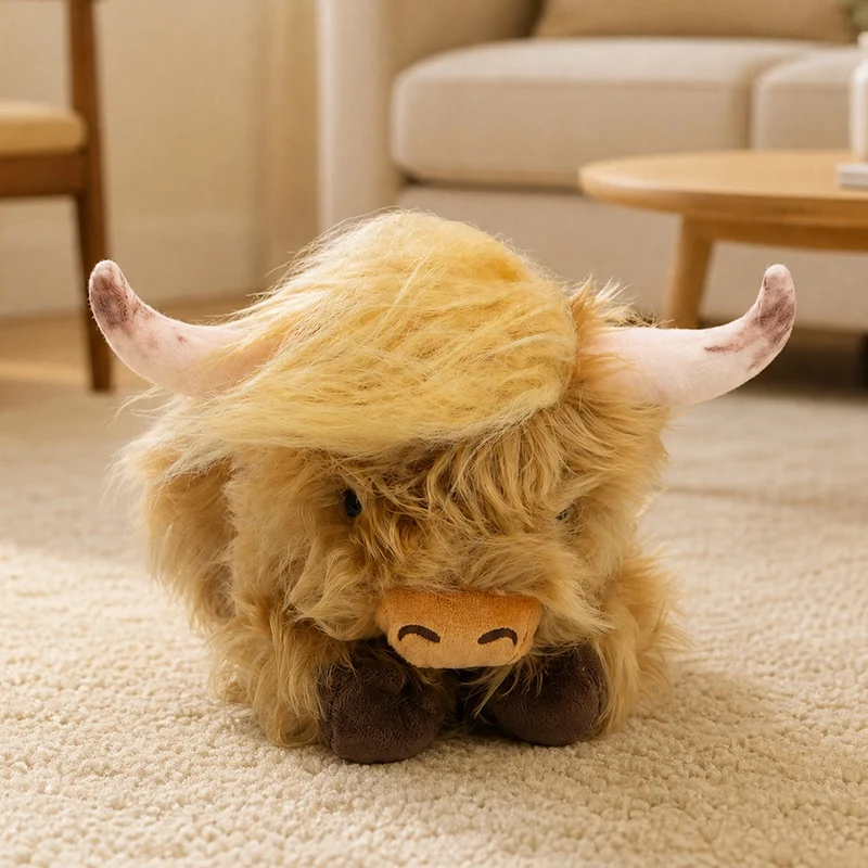 Shaggy Cow Plush Doll 30cm Soft Highland Cattle Toy with Curved Horns for Reading Companion Bedroom Decor Gift Choice