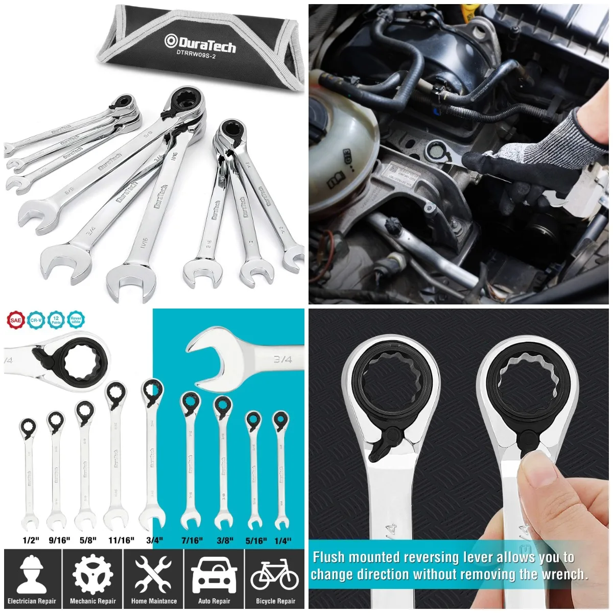 

Набор двусторонних ключей с храповым механизмом, SAE, 9 предметов, от 1/4 до 3/4 дюйма, 12 точек, сталь CR-V