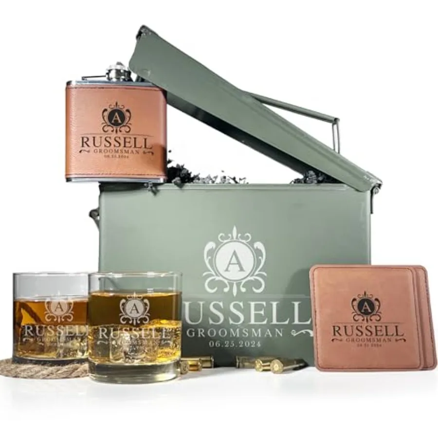 

On The Rox Drinks Personalized Groomsmen Ammo Box For Men - Custom Groomsmen Ammo Can Gift Set - Authentic Grade 1 Military Amm