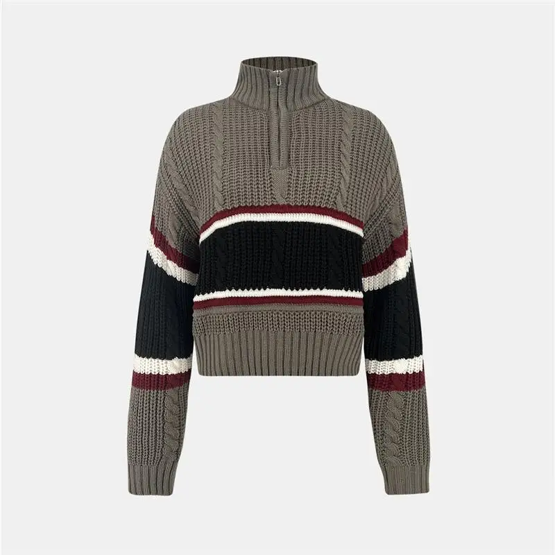 

Autumn Winter Casual f Zip Sweater Women's Striped Knitwear High Ne Long Sve Thiened Winter Faion Ladies' Top