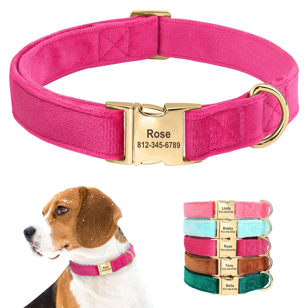 

Personalized Velvet Dog Collar Super Soft Dogs ID Buckle Collars Engrave Name Pet Necklace Adjutable For Small Medium Large Dogs