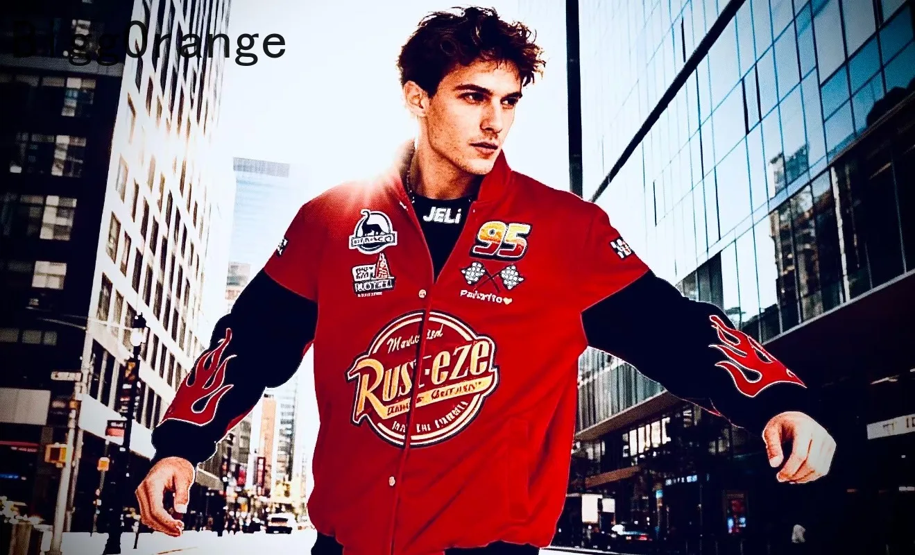 

New American fashion trend letter embroidery red stitching high-quality jacket Y2K Harajuku casual loose buttons baseball shirt