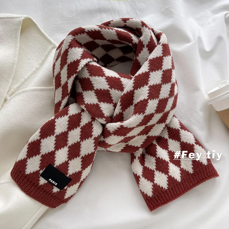 Fashion Classic Diamond Checks Knit Scarf Women Male Students Winter Neckerchief Warm Shawl