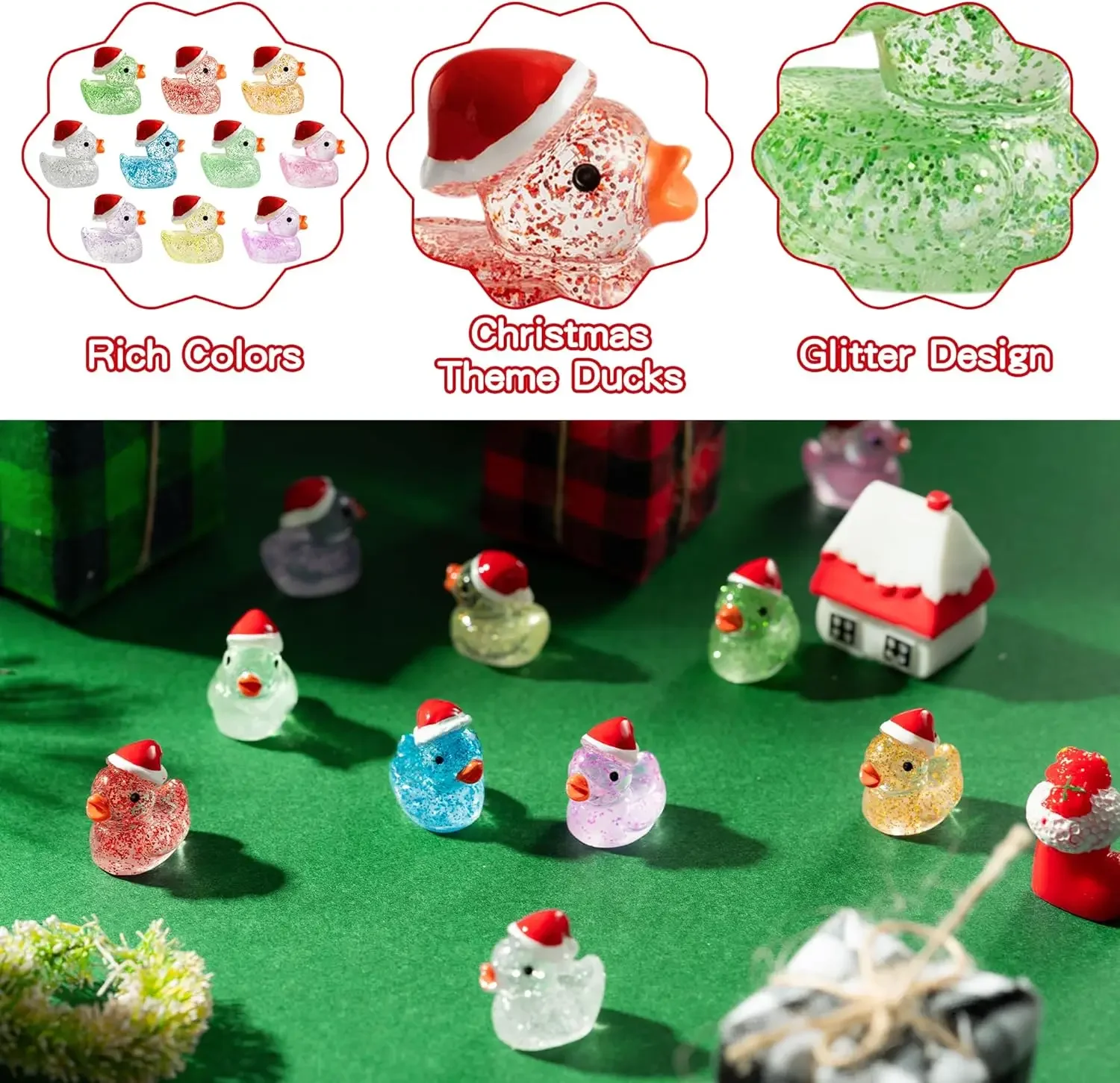 50/100pc Christmas Mini Resin Ducks Glitter Miniature Christmas Hat Duck Figures Shine Tiny Duck Ornaments Micro Landscape Decor