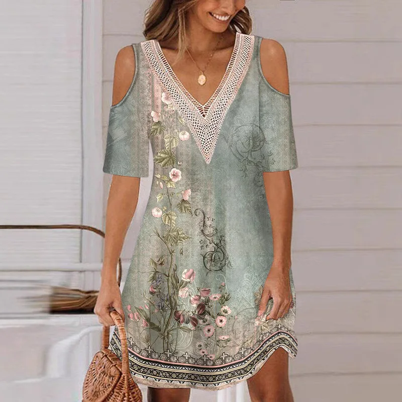 Nuove donne allentate vintage volant Befree vestito sexy foro estivo manica corta Boho casual festa festa eleganti abiti midi