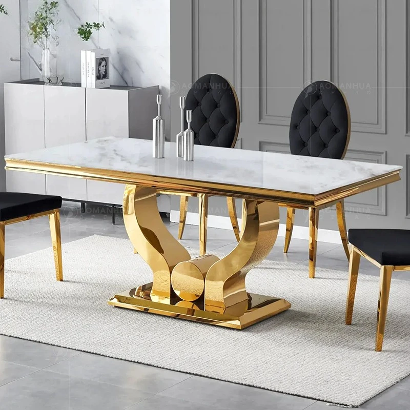 

Modern marble dining table and chair combination Modern minimalist designer high-end stainless steel rectangular table