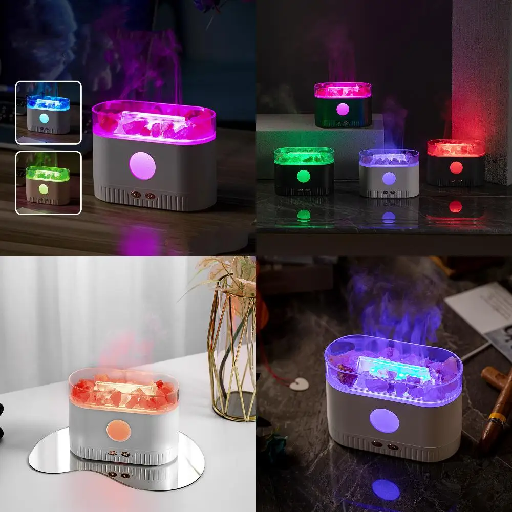 

Diffuser Air Humidifier Ultrasonic Cool Mist Maker Fogger LED Essential Oil 3D Effect Flame Lamp with Himalayan Salt