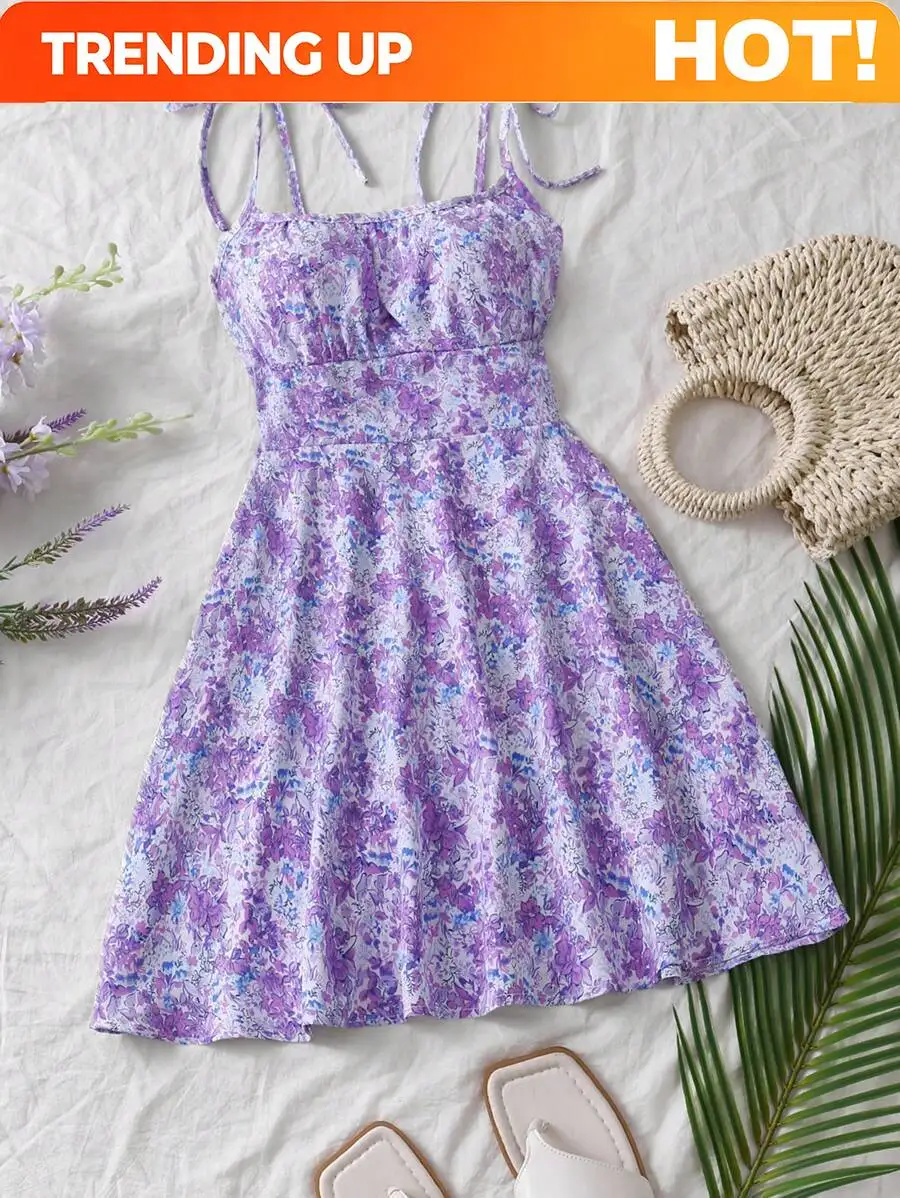 Women's Floral Print Pleated Bust Slip Dress Mini Short Outfit For New Year's Clothes Fashionable Elegant Women's Apparel