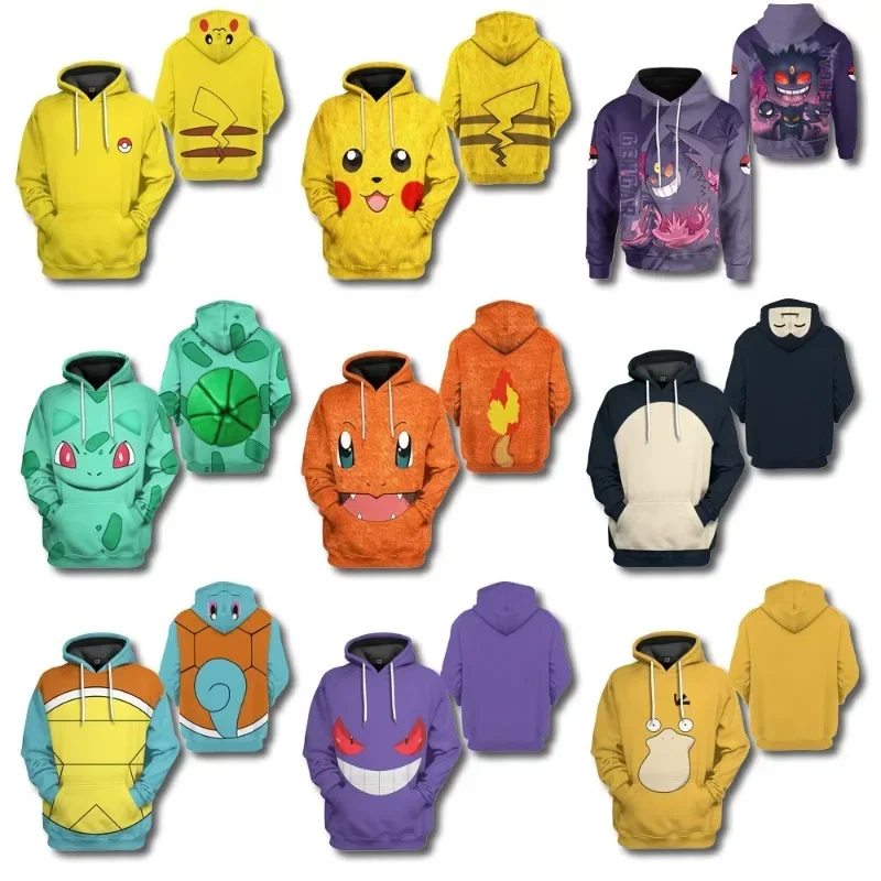 Pokemon Gengar moletom com capuz para crianças e adultos, capuz bonito com bolsos, casaco quente para inverno, Pikachu, presente de Natal, animais