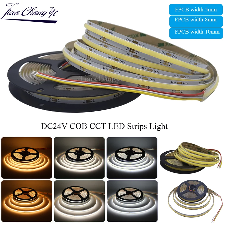 

CCT COB LED Strip Light 5M High Density Dual Colour Warm Cool White Dimmable Linear Lights 24V 576leds/m Flexible Tape Rope