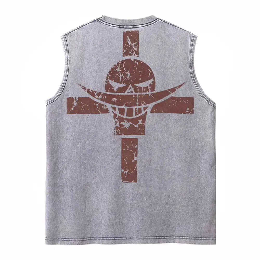 Harajuku Retro Sleeveless T-Shirts Streetwear Vintage Washed Anime One Piece Graphic Print Men Vest Tops Tees Retro Oversize
