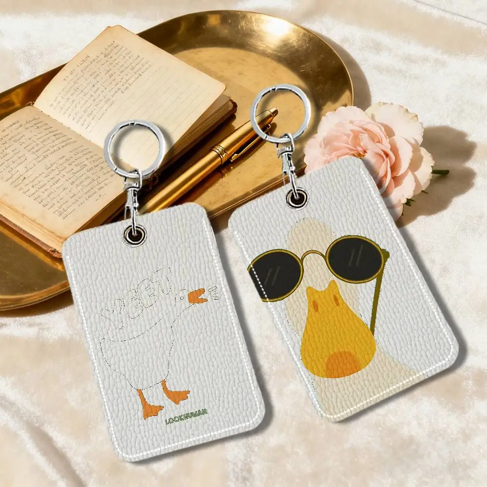 

Кожаный картхолдер с рисунком мультяшной утки в стиле масляной живописи, брелок для ключей, держатель для пропусков и ID-карт