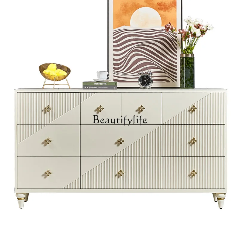 

Minimalist light luxury nine chest cabinet ivory white solid wood drawer bedroom bedside TV cabinet