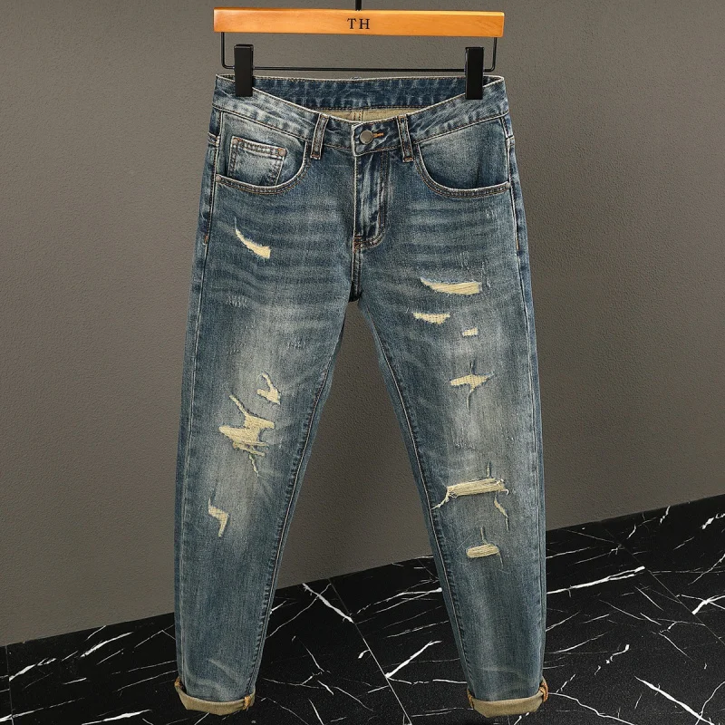 

Высококачественные потертые джинсы в стиле ретро, модные мужские потертые, эластичные, маленькие прямые брюки.