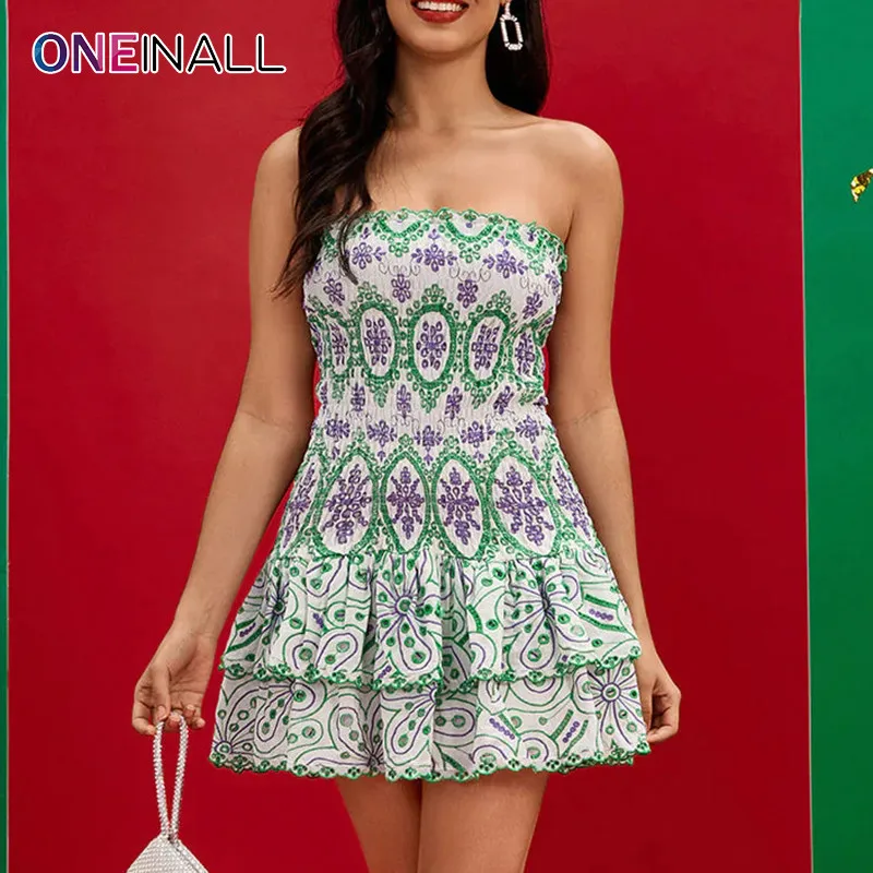 ONEINALL Hit Color Slimming Dress For Women Strapless Sleeveless High Waist Backless A Line Fashion Mini Dresses Female Clothing