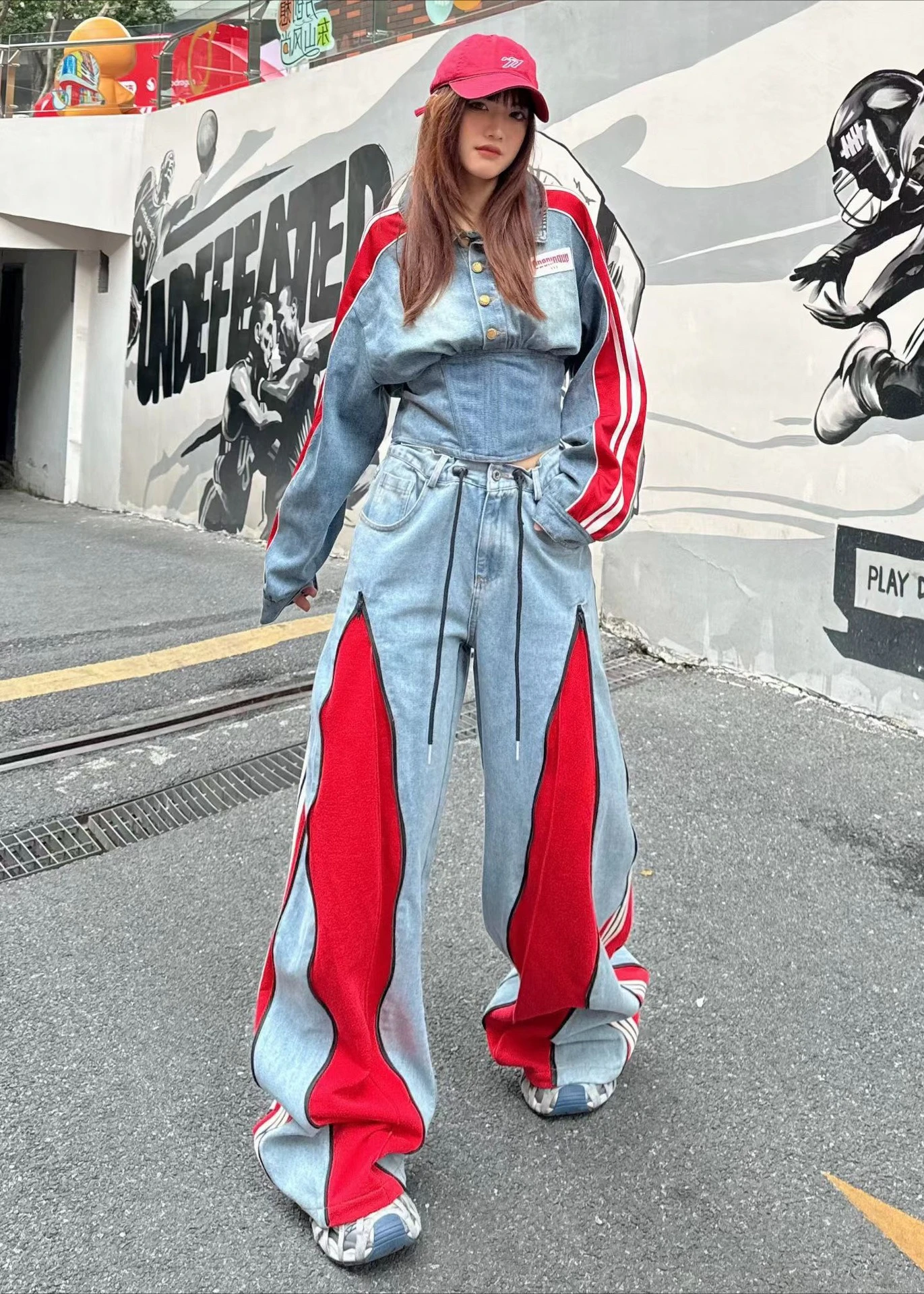 European Style Women's Jeans 2026 Spring New Heavy Zipper Pleated Color-Block Design Loose Trendy Long Pants