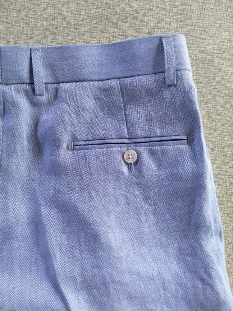 Nuevos pantalones de verano para hombre, azul claro, informales, hasta el tobillo, pantalones de pierna recta, pantalones de lino a la moda, pantalones de cintura media con botones ajustados