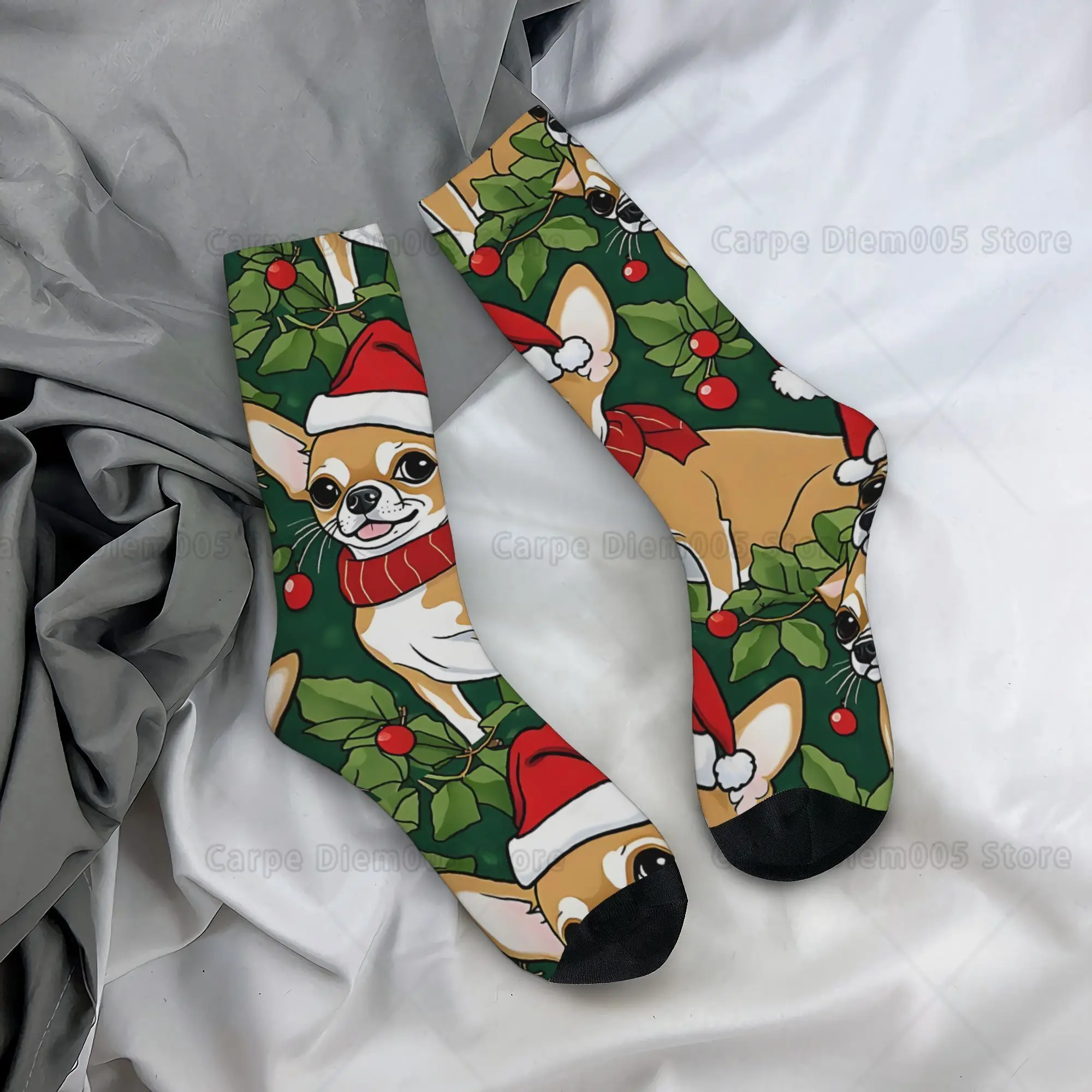 Cute Dog Polyester Blend Crew Socks Festive Chihuahua Christmas Crew Socks Fun Quirky Hip Hop Style, Seamless Design