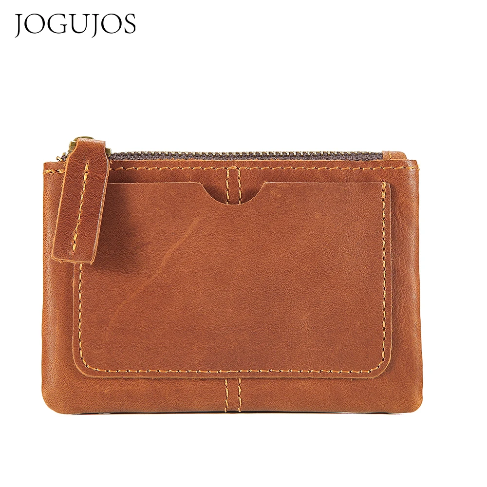 Genuine Crazy Horse Leather Mini Wallet Coin Purse Zipper Card Holder Cash Pocket Vintage Top Grain Leather Brown
