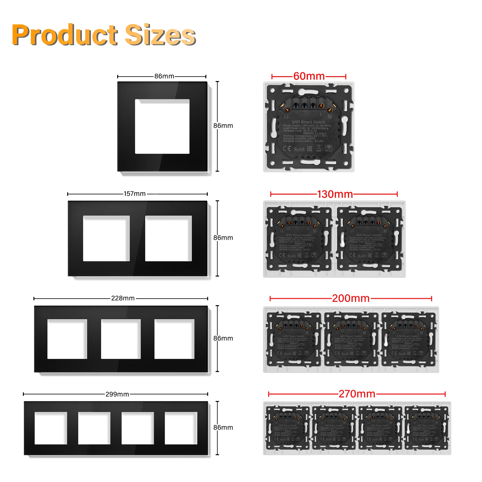 BSEED 1/2/3Gang Wifi Light Switches Mechanical Smart Click Buttons 1/2/3Way Tuya Smart Life Alice App Control Glass Frame Black