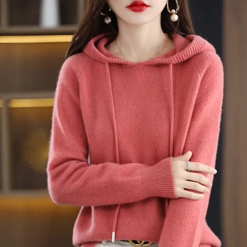 Imagen 2 del producto Suéter con capucha moda mujer Otoño Invierno manga larga Color sólido tejido sudaderas con capucha señora suelta cordón Casual pulóver Sudadera con capucha