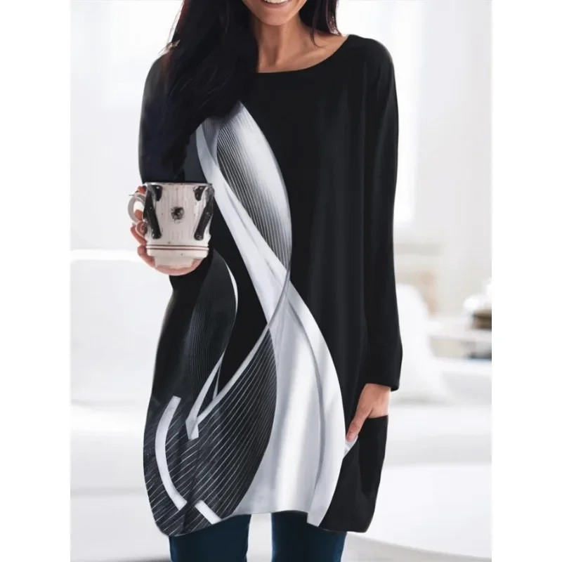 

Плюс размер 1XL-5XL, женская повседневная футболка с геометрическим принтом, женская модная футболка с круглым вырезом и длинными рукавами, топ