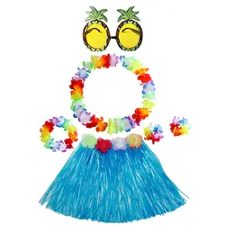 Child Hawaiian Wreath Combination Set, Grass Skirt, Classic, Four Pineapple Glasses, 30cm, 6 Pcs
