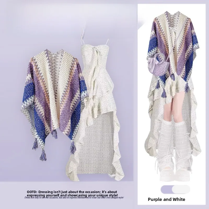 

Retro Tassel Cape oulder Women's Summer Floral Print Dr Set Irregular Hemline Faionable Two-Piece Ensemble