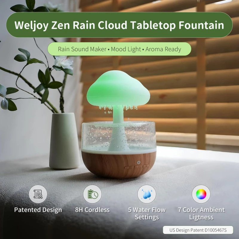 Mushroom Cloud Rain Lamp Changing LED Tabletop Fountain with Water Drip Sounds USB Rechargeable Desk Decor for Home Office