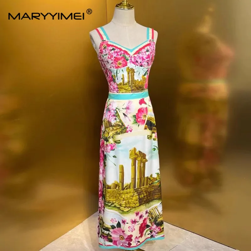 MARYYIMEI New Style Fashion Designer Women\'s Suit Spaghetti Strap Cotton Tops+Straight Slim Silk Skirt Print 2 piece set