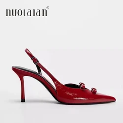 2025 Fashion Red Pointed Toe High Heels Women Bow Elegant Party Dress Shoes Shallow Designer Thin Heels Slingback Sandals Female