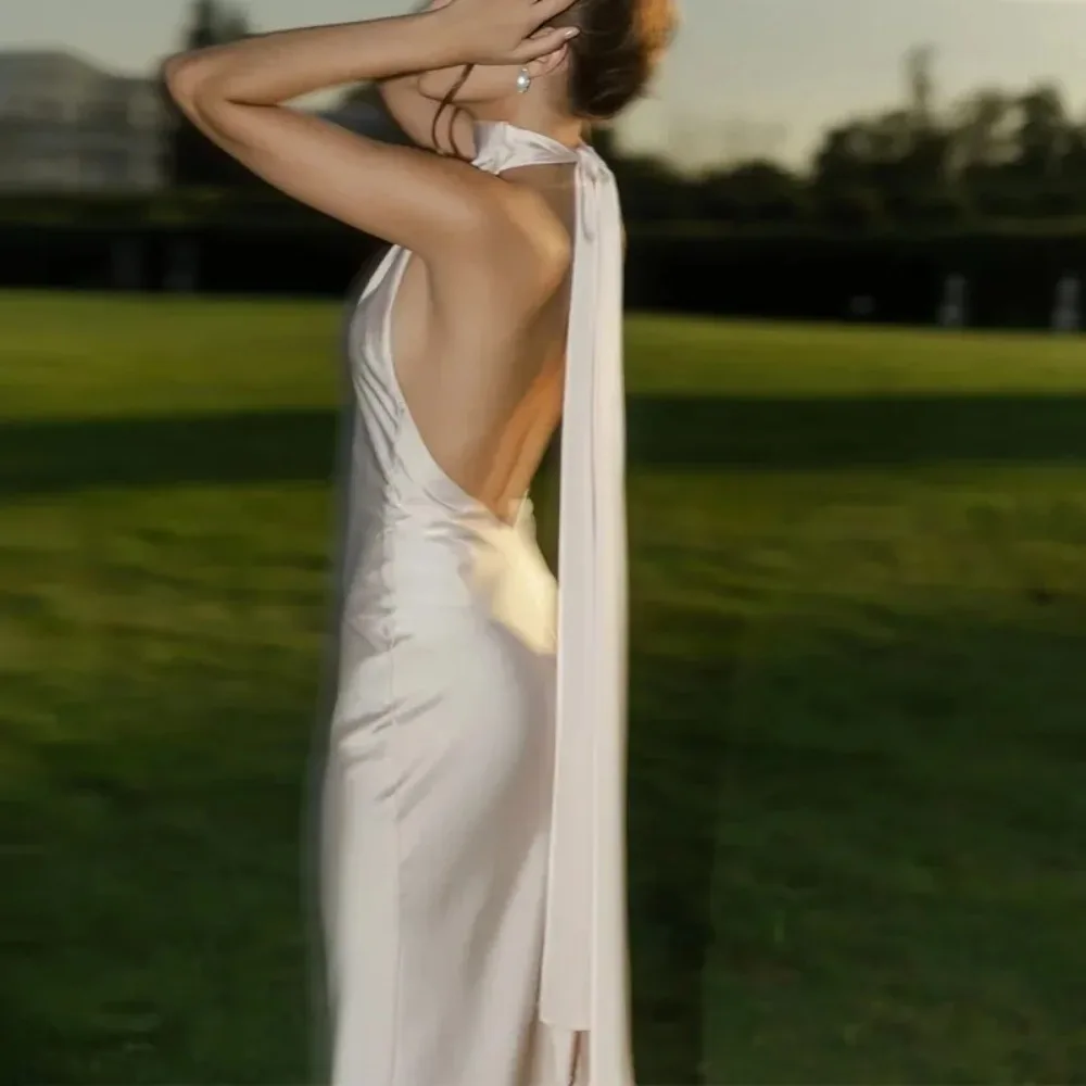 

Sexy Halter Ribbon Backless Long Dresses Woman Spring Solid Satin Tight Gowns Evening Dress Summer Sleeveless Hollow Boho Dress