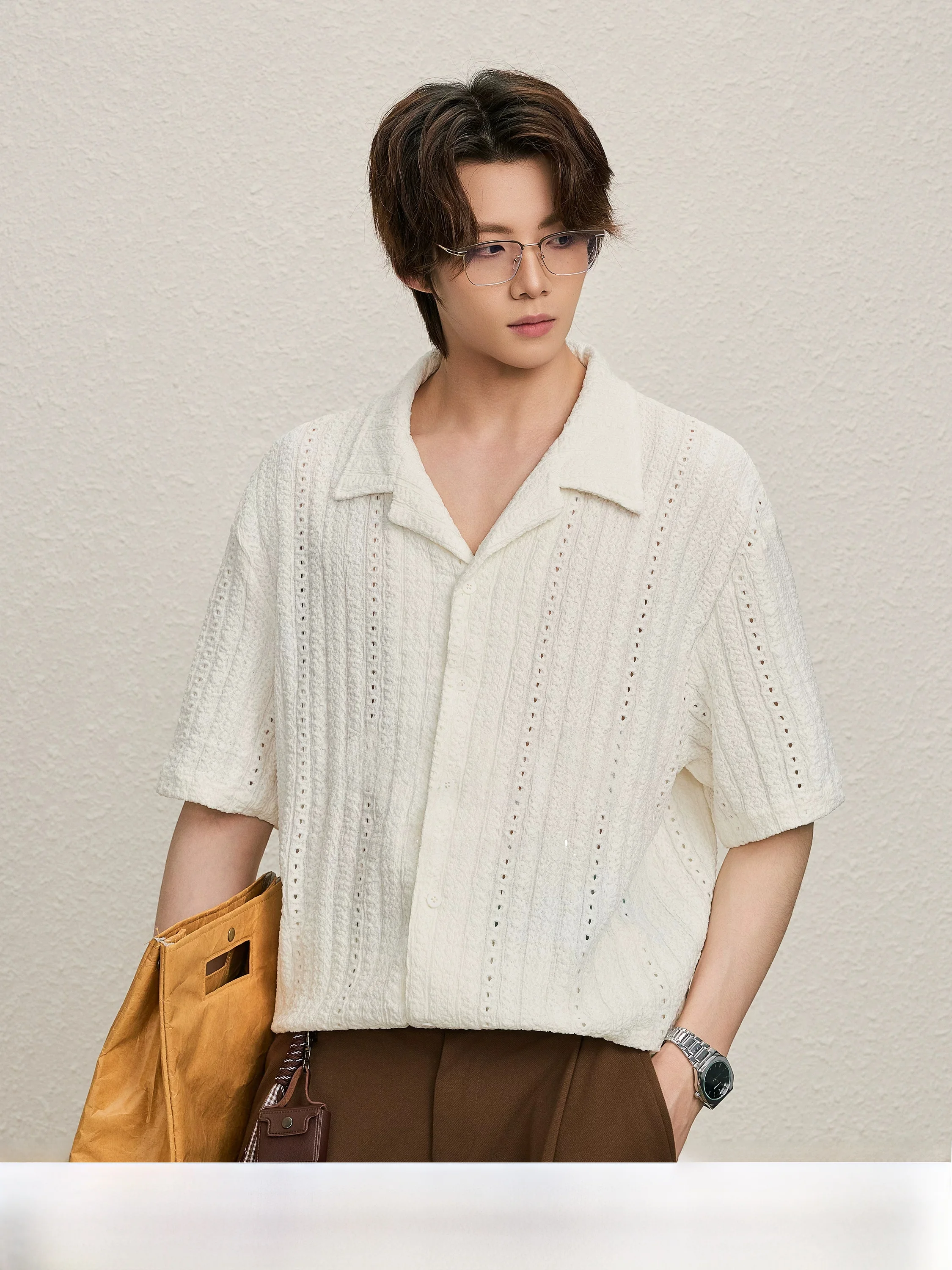 

ALLIN Cuban Collar Loose Men's Shirt Breathable Hollow Texture Summer Casual Top Polyester Fiber High Street Style