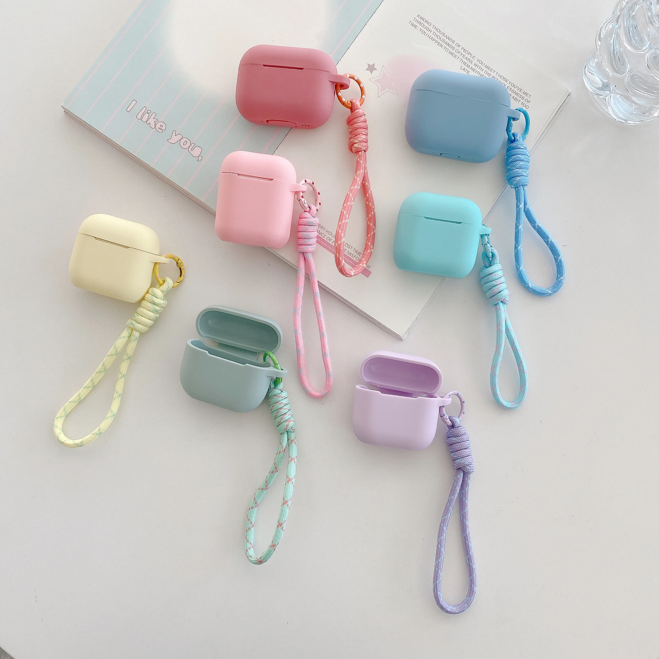 Wrist Chain Strap Anti-lost Case for Apple Airpods 2 3 4 Pro 2 3 Wireless Earphone Solid Color Soft Silicone Cover Charging Box