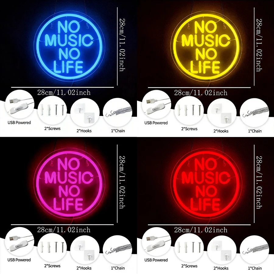 Multi-Color No Music No Life Neon Sign For Wall Decor,Led Neon Light For Bedroom Decor,Music Studio,Holiday Gift For Music Lover