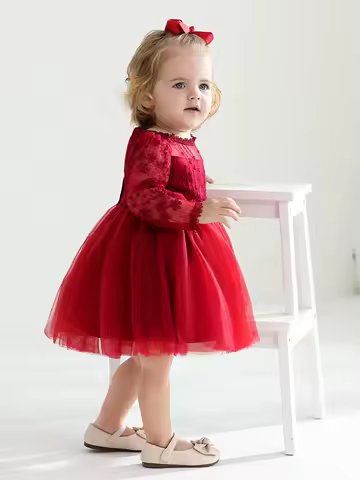 Baby Girl Dress Flower Vintage Floral Lace Long Sleeve Knee-Length Dress Wedding Party Evening Formal Pegant Dance Gown